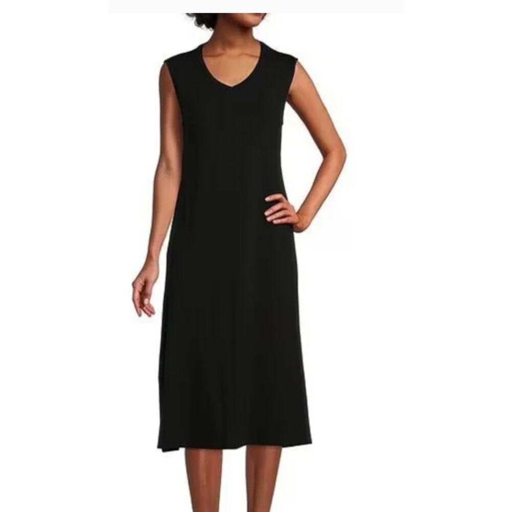 NEW Eileen Fisher Midi Dress Black Jersey Knit Tencel V-Neck Sleeveless 3X - Picture 2 of 4